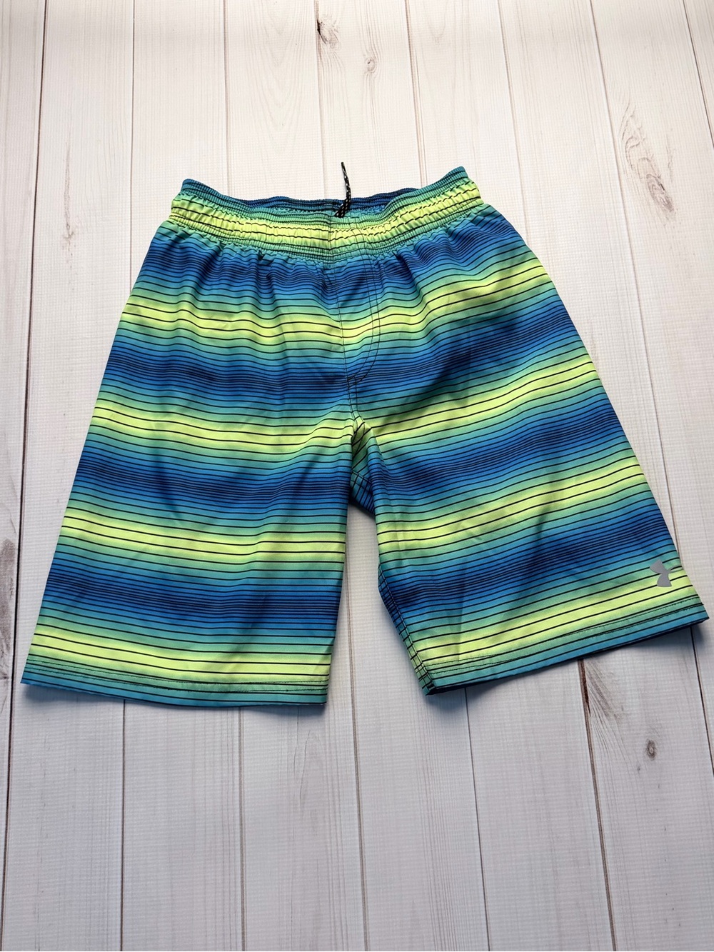 Under Armour Boys' Blue and Lime Gradient Stripe Swim Trunks